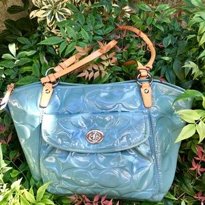 Vinyl Coach Purse - Soft Teal in color